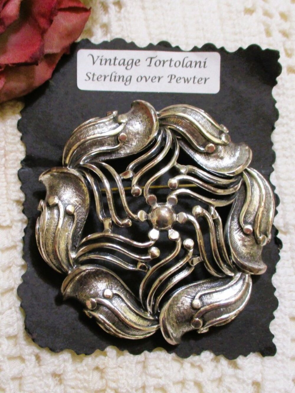 Large TORTOLANI Swirl Statement Brooch: Sterling Silver Over Pewter ~ Vintage